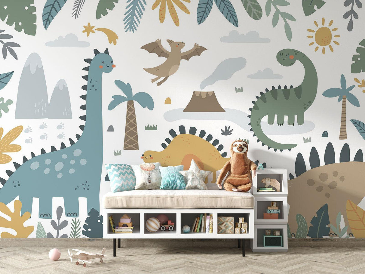 Playroom wall with cute dinosaur mural creating an engaging learning space