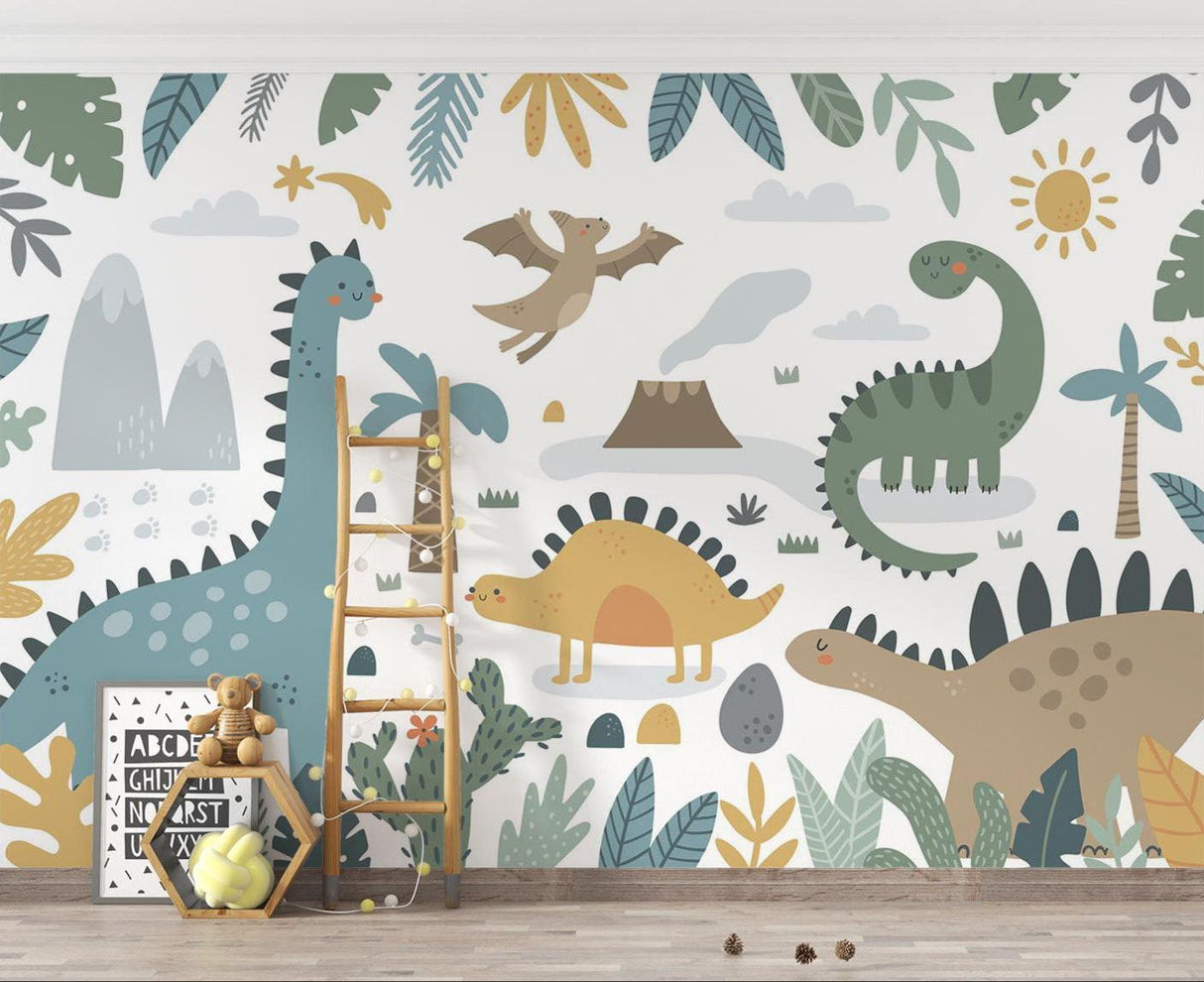 Modern nursery with gentle dinosaur wall design and minimal decor