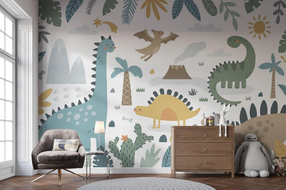 Child's bedroom showing full dinosaur jungle mural installation with toys