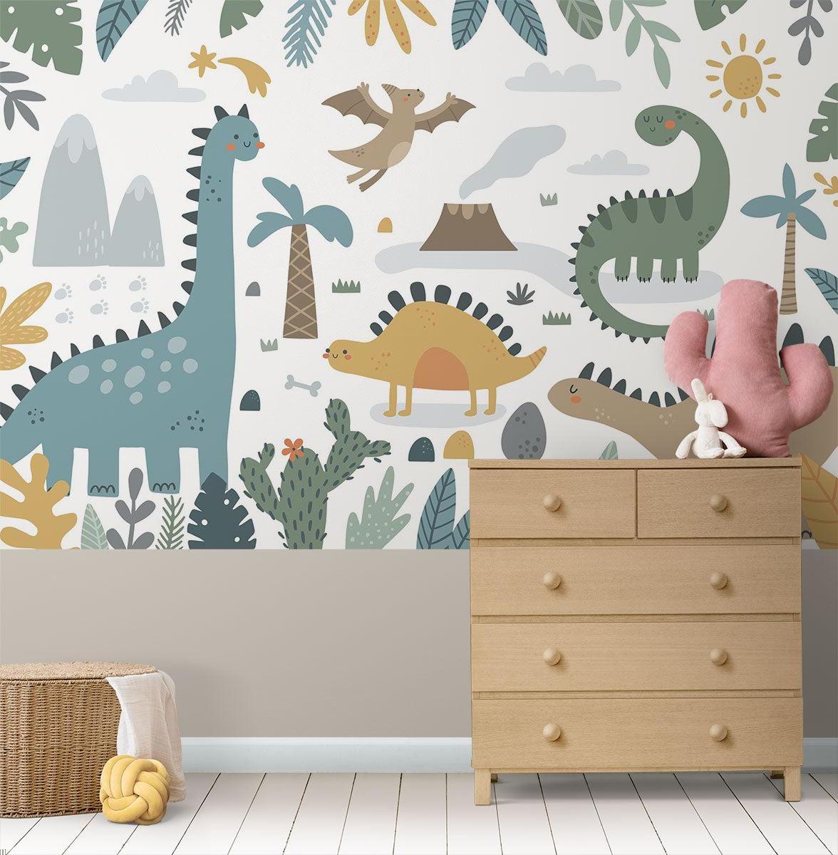 Daycare room transformed with friendly dinosaur wallpaper and play elements