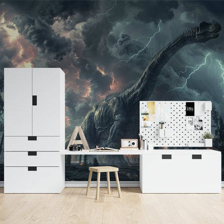 Dinosaur storm wallpaper bringing adventure to a modern kids bedroom, T-Rex with lightning effects