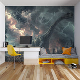 T-Rex storm mural displayed in playroom setting with dramatic lighting effects