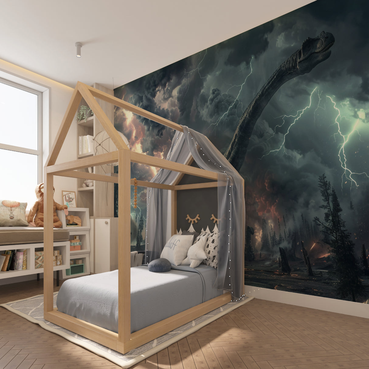 Lightning dinosaur wallpaper creating mood in teen gaming room setup
