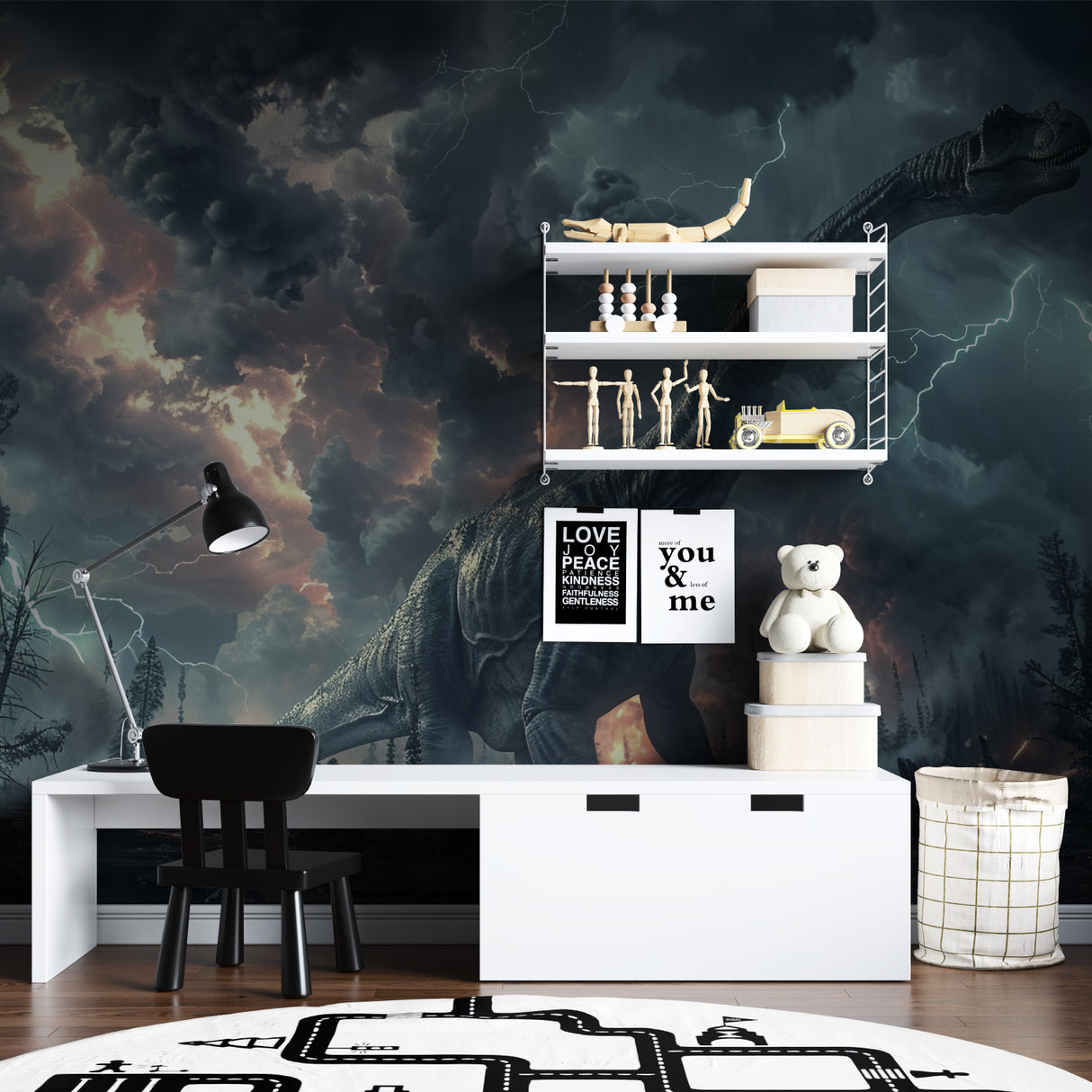 Dramatic T-Rex wall mural transforming study space with storm effects
