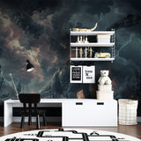 Dramatic T-Rex wall mural transforming study space with storm effects