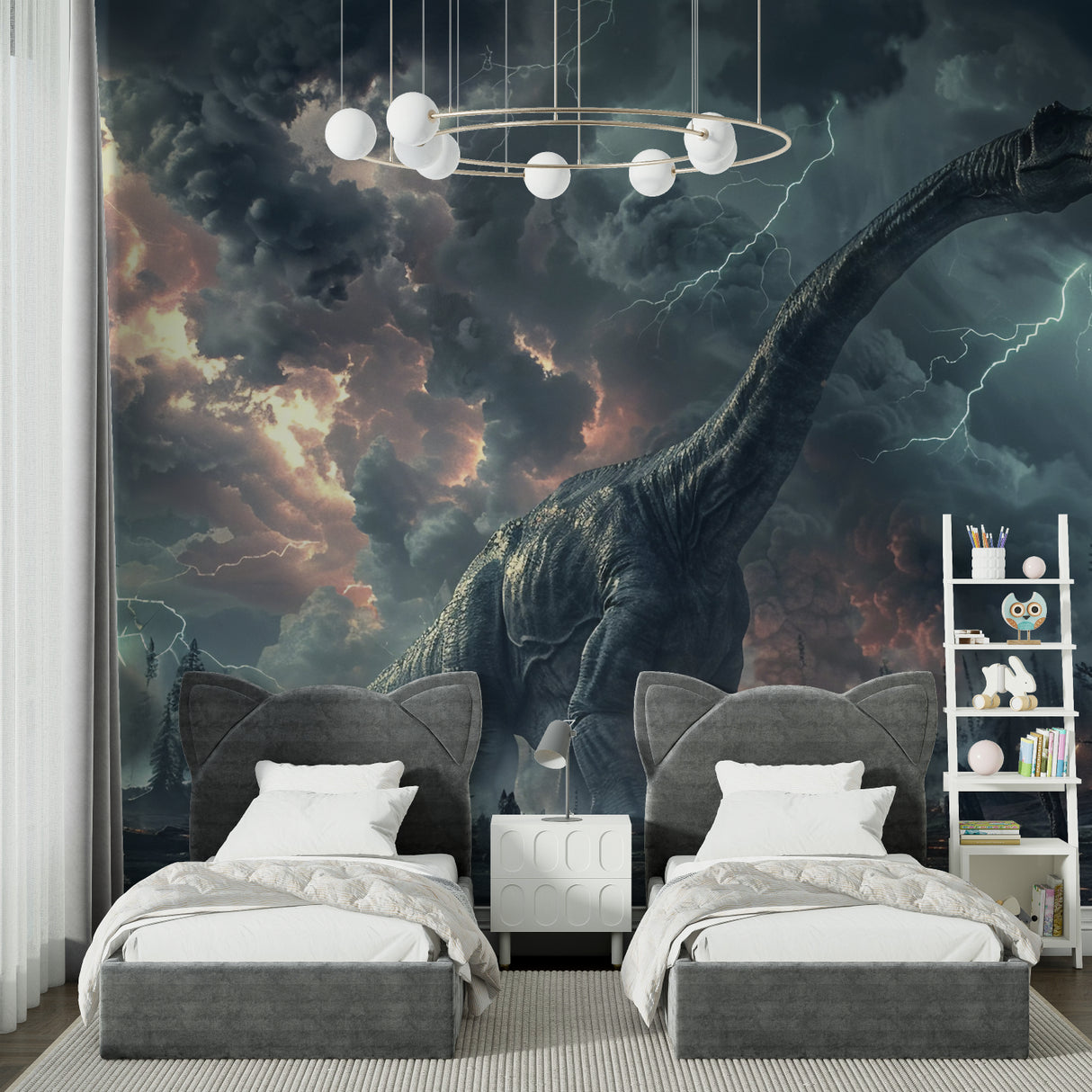 Storm dinosaur wallpaper making statement in modern family room