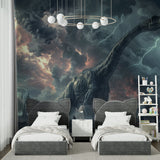 Storm dinosaur wallpaper making statement in modern family room