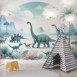 Dinosaur mural wallpaper creating a soft, dreamy atmosphere in a modern kids bedroom with gentle lighting and cozy furniture