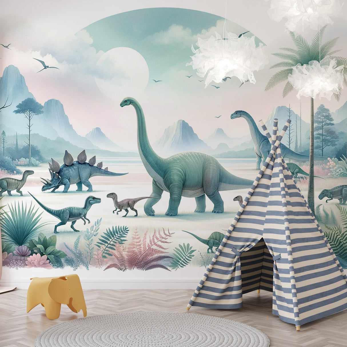 Dinosaur mural wallpaper creating a soft, dreamy atmosphere in a modern kids bedroom with gentle lighting and cozy furniture