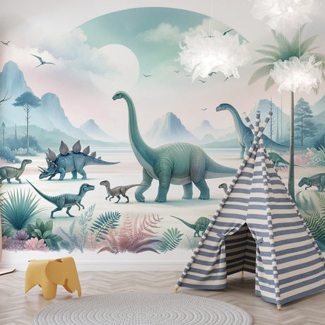 Dinosaur mural wallpaper creating a soft, dreamy atmosphere in a modern kids bedroom with gentle lighting and cozy furniture