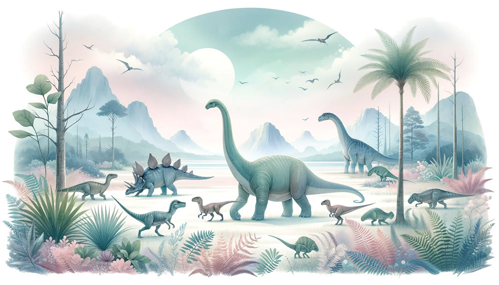 Dreamy prehistoric landscape wallpaper design file showing detailed dinosaurs in misty setting