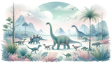 Dreamy prehistoric landscape wallpaper design file showing detailed dinosaurs in misty setting