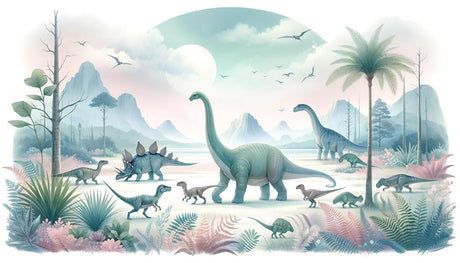 Dreamy prehistoric landscape wallpaper design file showing detailed dinosaurs in misty setting