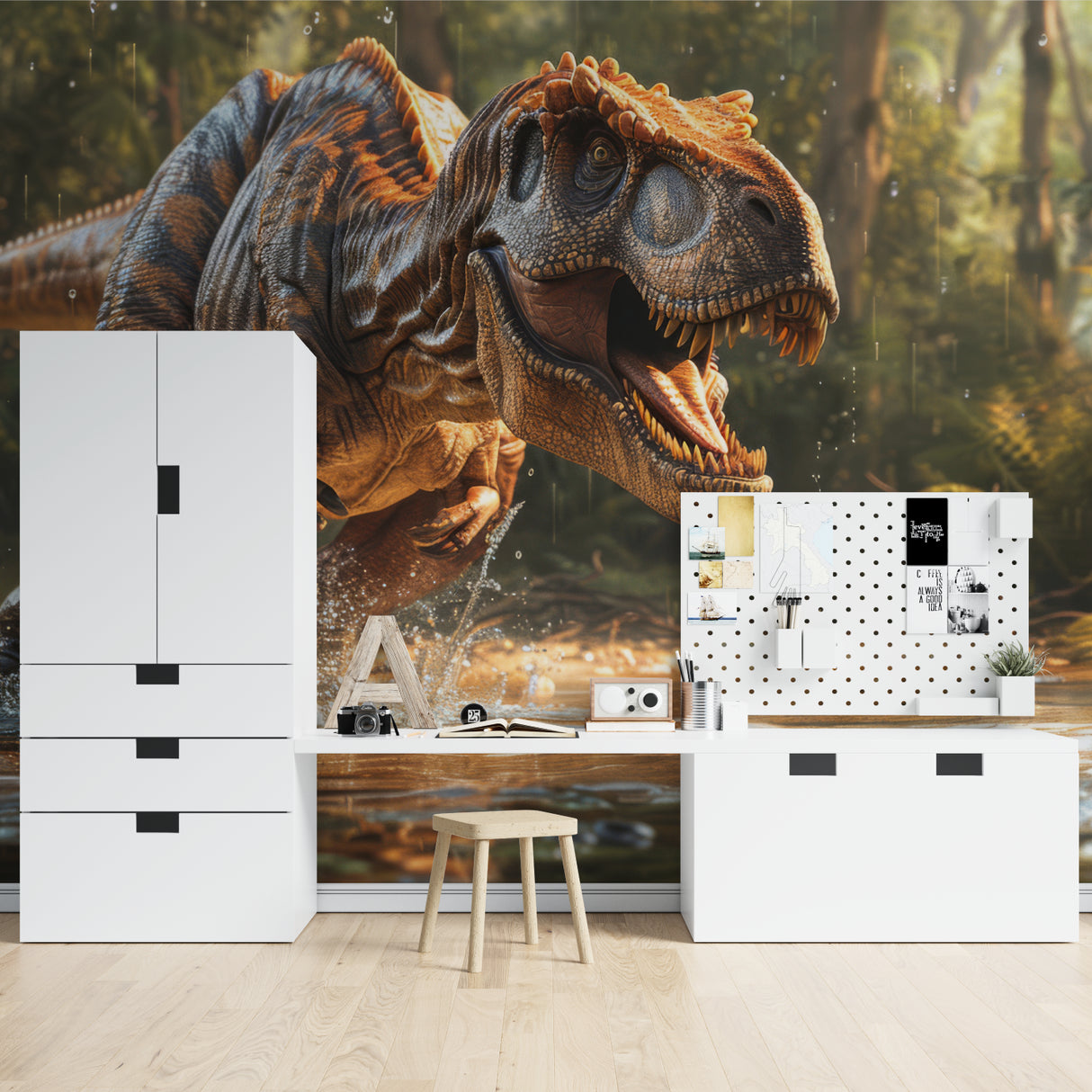Dynamic dinosaur wallpaper installation showcased in a modern family room
