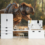 Dynamic dinosaur wallpaper installation showcased in a modern family room