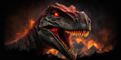 High-resolution design file of fierce T-Rex wallpaper with glowing eye effect