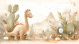 Dinosaur mural wallpaper bringing warmth to a modern nursery with soft beige tones and gentle brontosaurus design