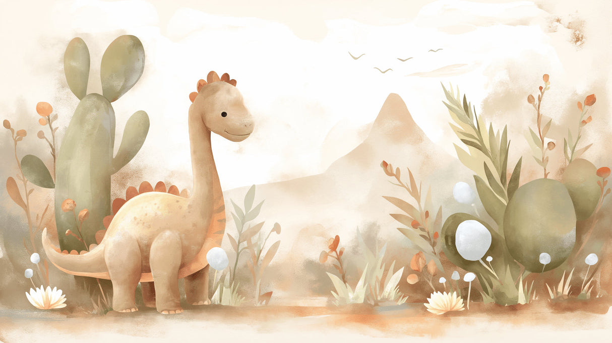Dinosaur mural wallpaper bringing warmth to a modern nursery with soft beige tones and gentle brontosaurus design