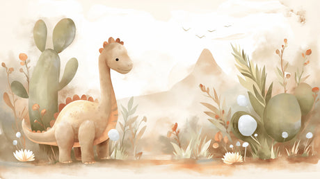 Dinosaur mural wallpaper bringing warmth to a modern nursery with soft beige tones and gentle brontosaurus design