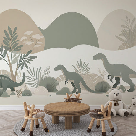Dinosaur mural wallpaper in earth tones creates a calm atmosphere in a modern nursery with wooden furniture