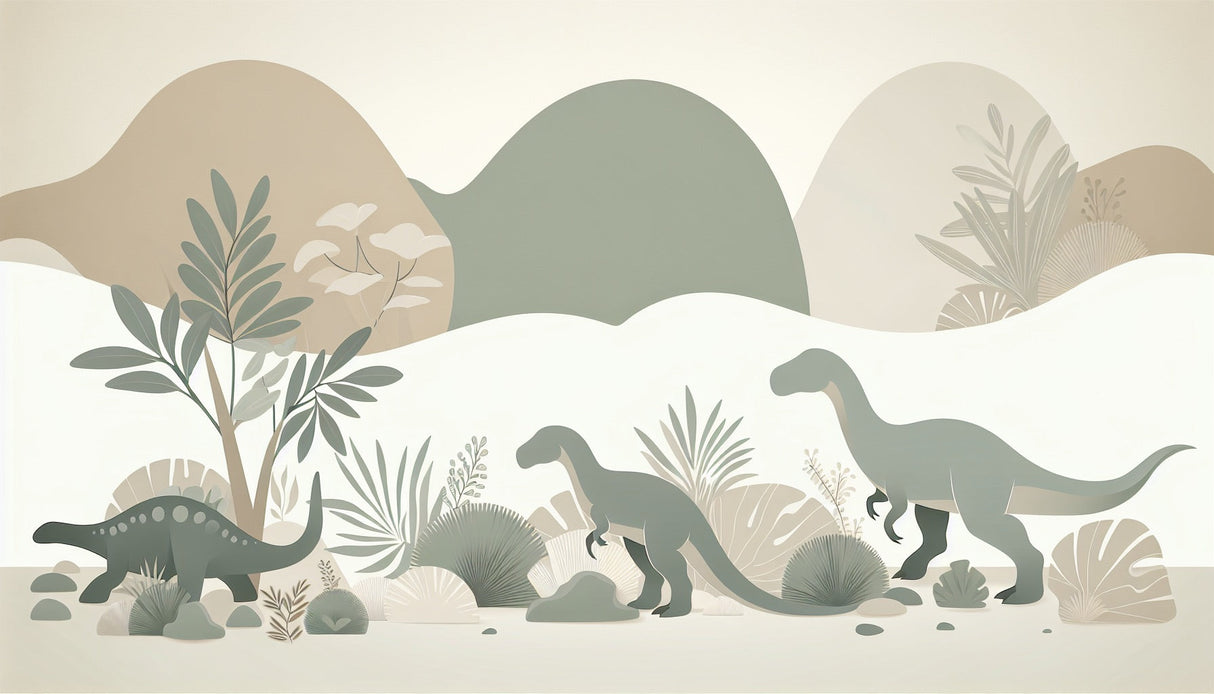 Prehistoric scene wallpaper design file with gentle earth tones and graceful dinosaur silhouettes