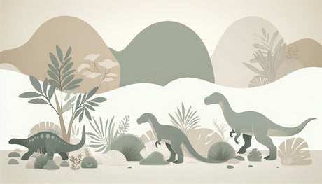 Prehistoric scene wallpaper design file with gentle earth tones and graceful dinosaur silhouettes
