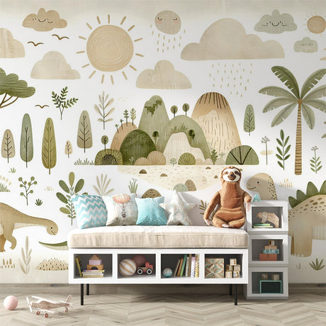 Dinosaur nature wallpaper creating a peaceful atmosphere in a modern nursery with sage green and beige mountain scene