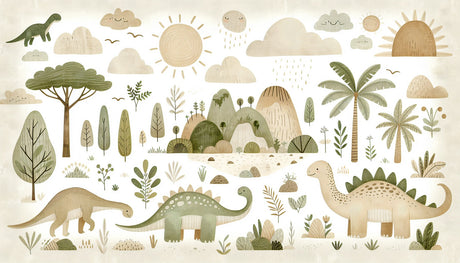 Gentle dinosaur wallpaper design file showing full pattern with friendly prehistoric creatures and mountains