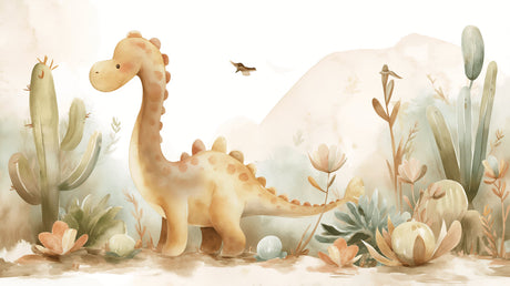 Dinosaur wall mural in a bright nursery showing gentle watercolor brontosaurus, perfect for creating a calm space