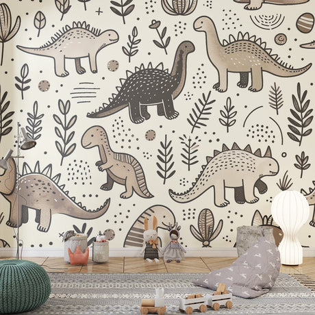 Modern hand-drawn dinosaur wallpaper creating a cozy atmosphere in a bright Scandinavian nursery with natural wood furniture