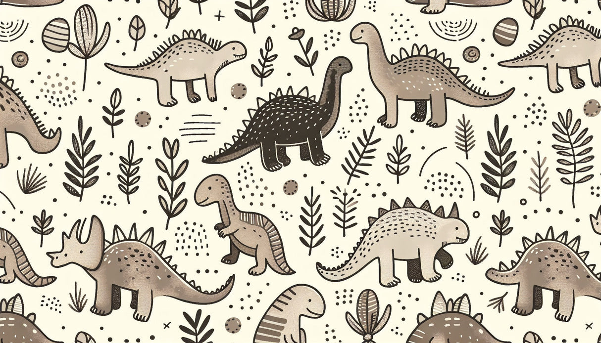 Hand-drawn prehistoric pattern design file showing charming dinosaurs in beige and grey tones