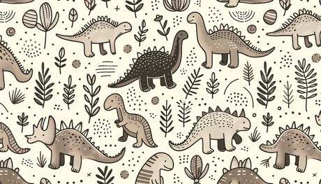 Hand-drawn prehistoric pattern design file showing charming dinosaurs in beige and grey tones