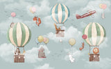Design file of whimsical dinosaur and hot air balloon pattern with soft pastel color palette