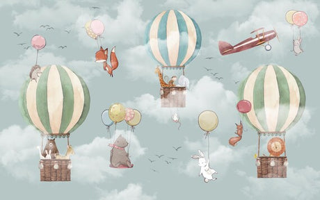 Design file of whimsical dinosaur and hot air balloon pattern with soft pastel color palette