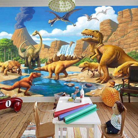 Dinosaur mural wallpaper bringing prehistoric adventure to a modern kids bedroom with blue and green color scheme
