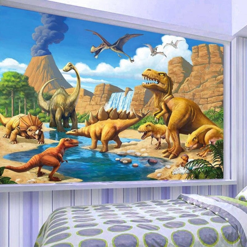 Dinosaur wallpaper installation in a study room showing waterfall and T-Rex detail