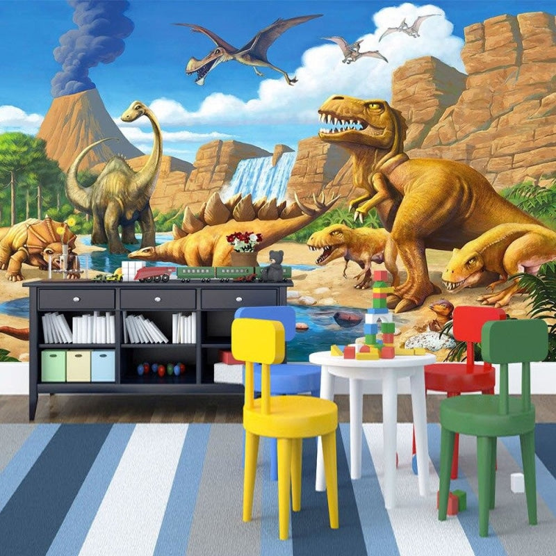 Dinosaur wall mural in a modern nursery showing full wall coverage and room atmosphere