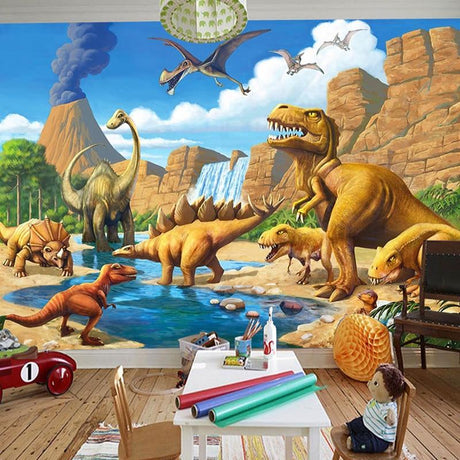 Dinosaur adventure mural wallpaper styled in modern kids bedroom with white furniture and dinosaur toys