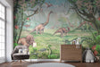Dinosaur mural wallpaper bringing prehistoric magic to a modern kids bedroom with soft turquoise and green tones