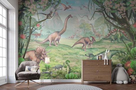 Dinosaur mural wallpaper bringing prehistoric magic to a modern kids bedroom with soft turquoise and green tones