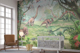 Jurassic wallpaper scene creating an educational atmosphere in a bright playroom space