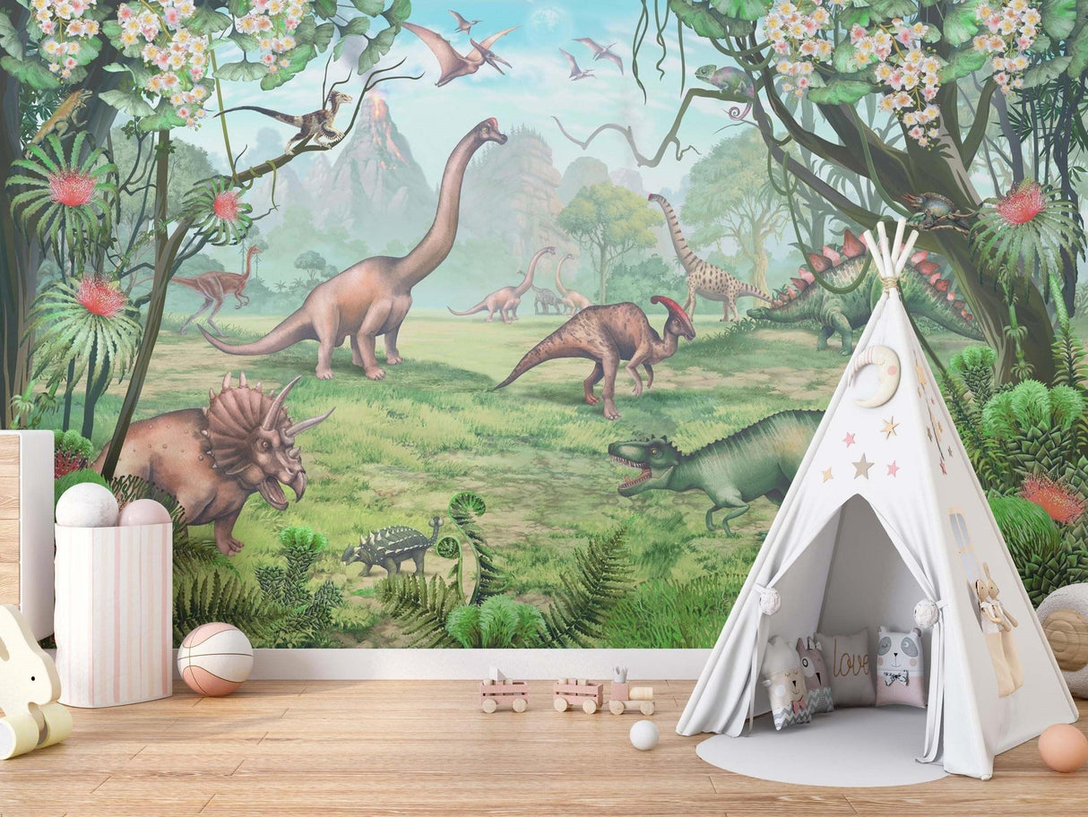Dinosaur wall mural showcased in a modern study room with natural lighting