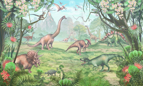Design file showing detailed Jurassic forest adventure pattern with various dinosaur species and tropical elements