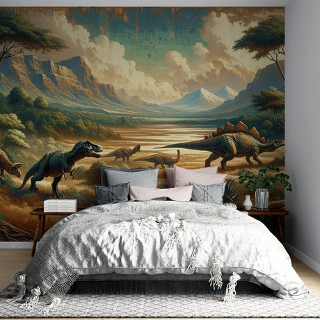 Dinosaur landscape wallpaper bringing prehistoric adventure to a modern kids bedroom with mountain scenery and warm lighting
