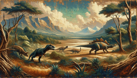Jurassic mountain scene design file showing detailed dinosaur illustrations and golden sky pattern