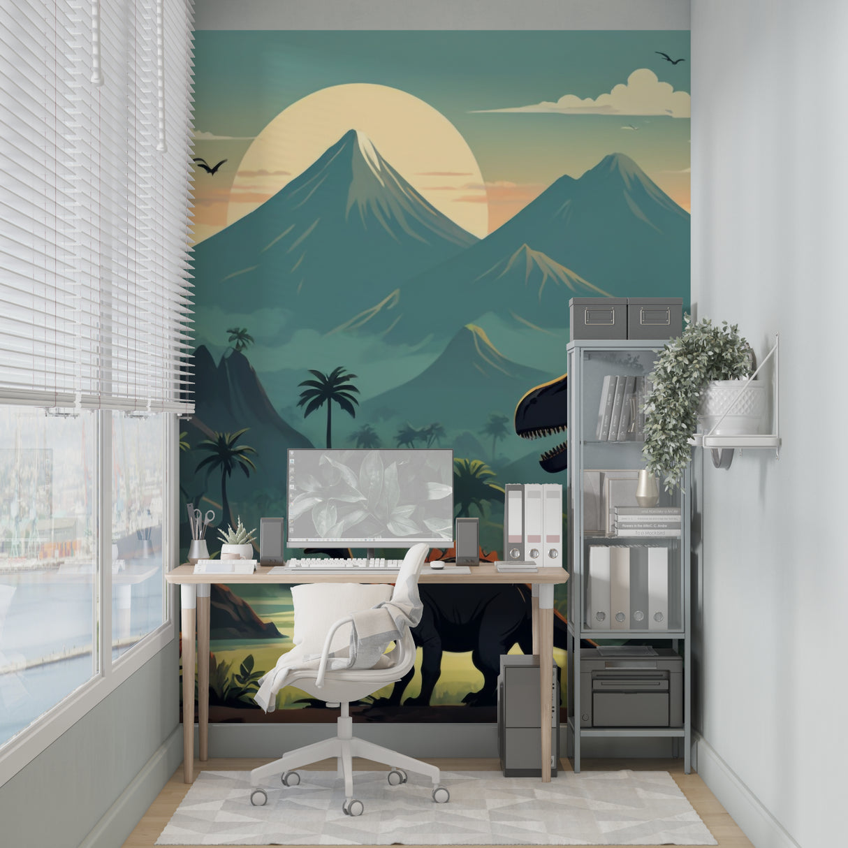 Dinosaur landscape wallpaper bringing prehistoric adventure to a modern kids bedroom with warm sunset tones