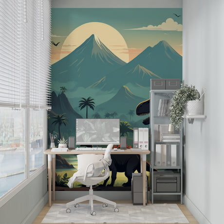 Dinosaur landscape wallpaper bringing prehistoric adventure to a modern kids bedroom with warm sunset tones