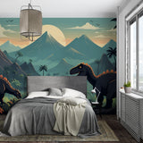 T-Rex wall mural creating drama in a stylish home office with mountain backdrop