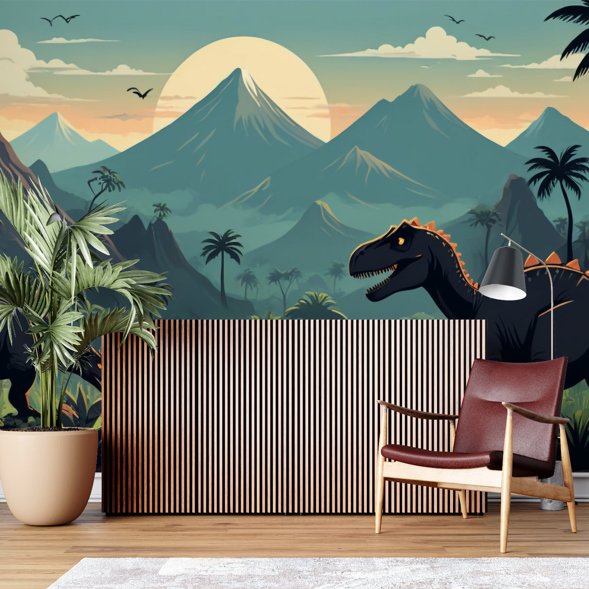 Dinosaur themed wallpaper transforming a playroom with golden sunset colors