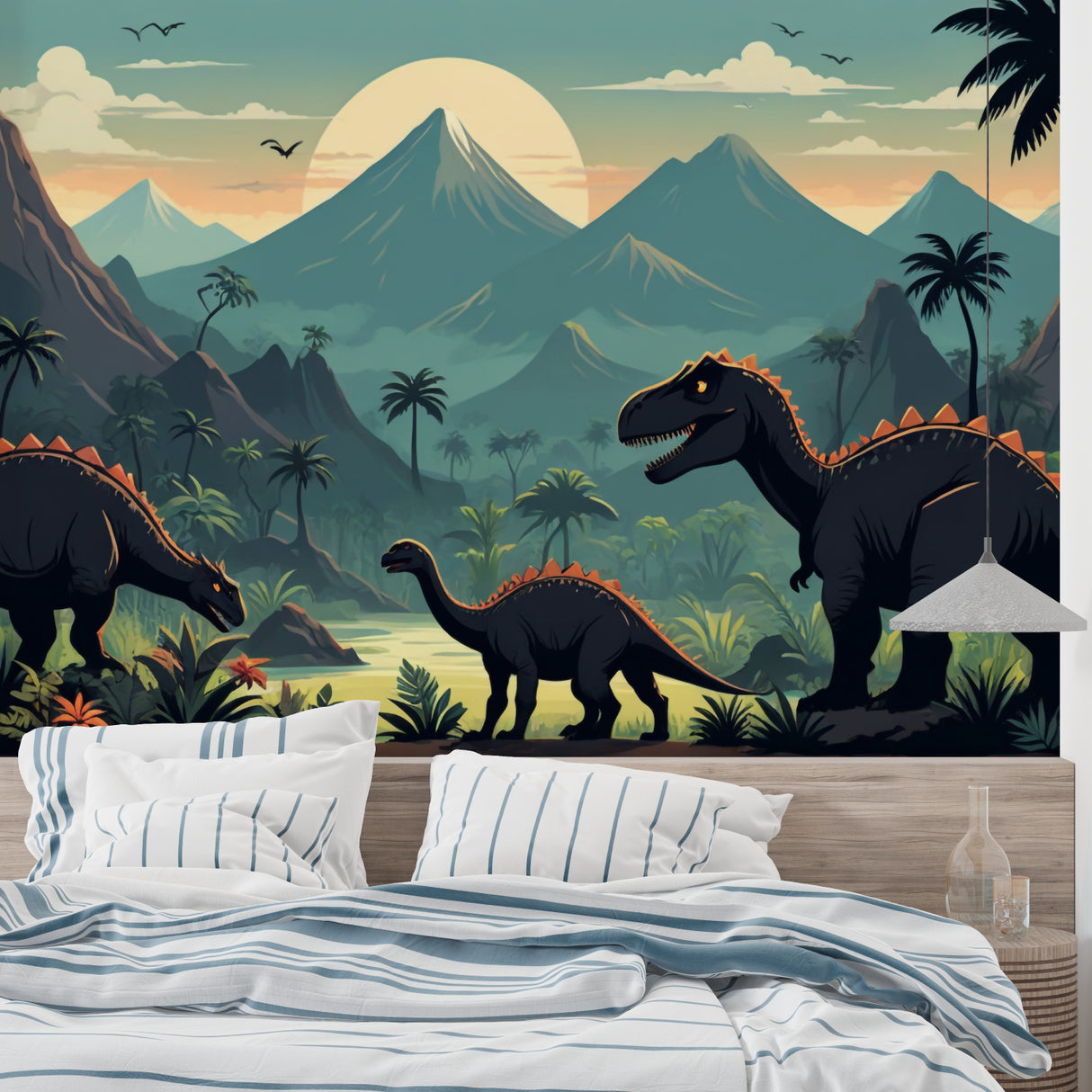 Prehistoric wallpaper making a statement in a teen bedroom with dramatic mountain scene